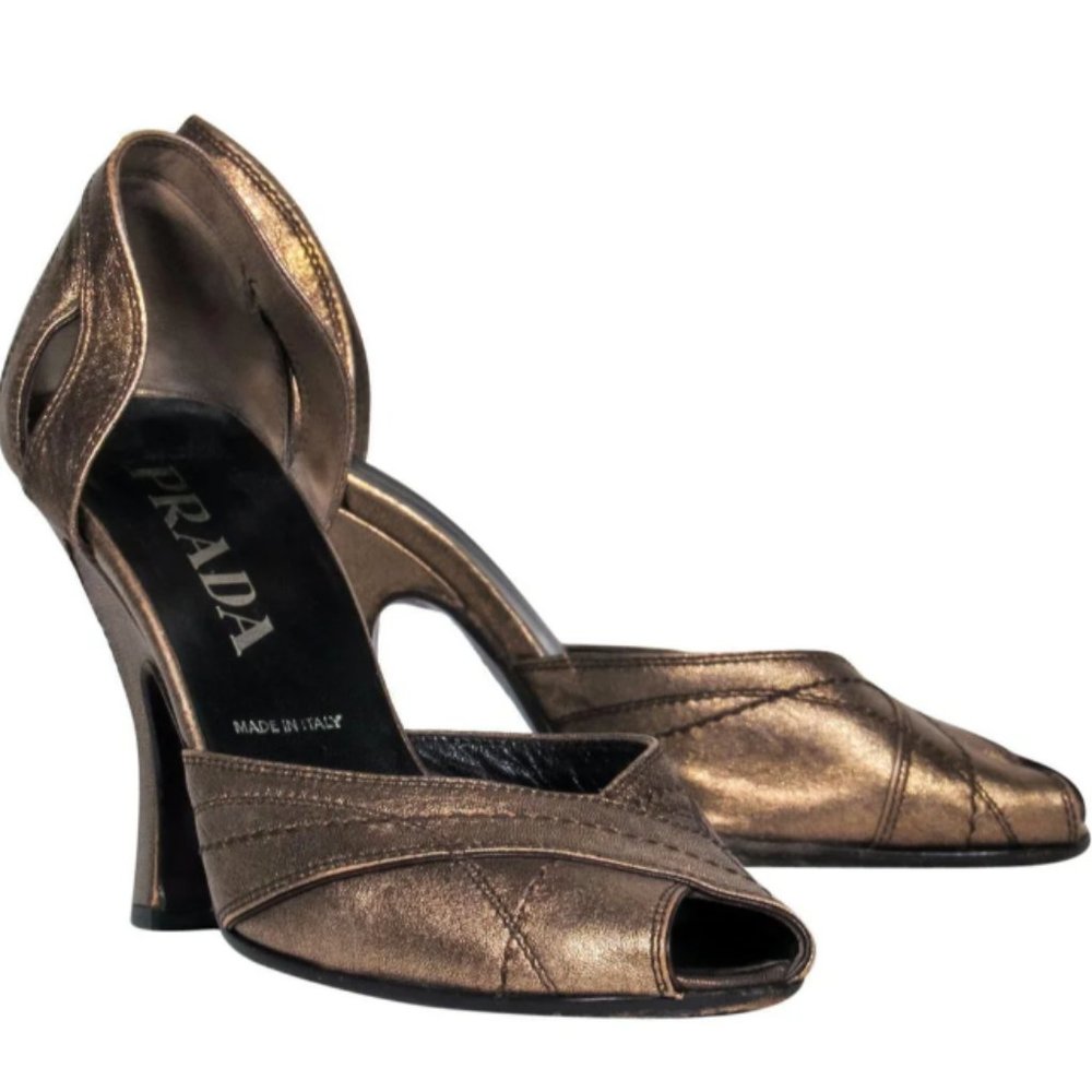 Prada Gold Leather Open Toe Heels (Sz 6.5)